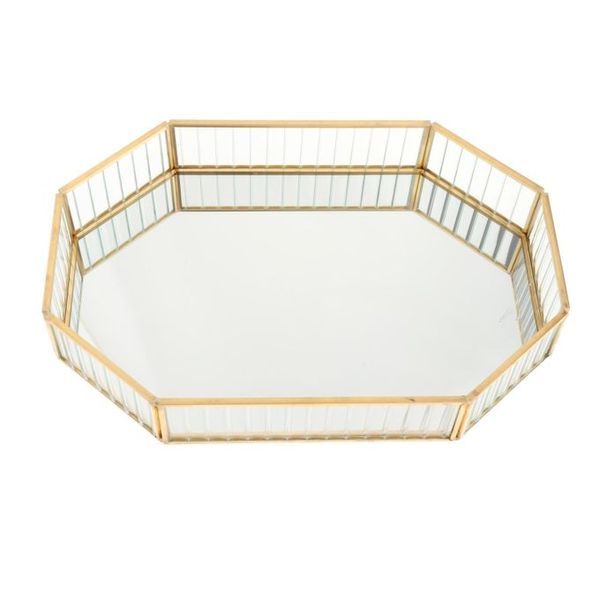 Volamor - Gold Luxury Glass Mirror Ridged Tray, Decor Vanity Piece - 42cm