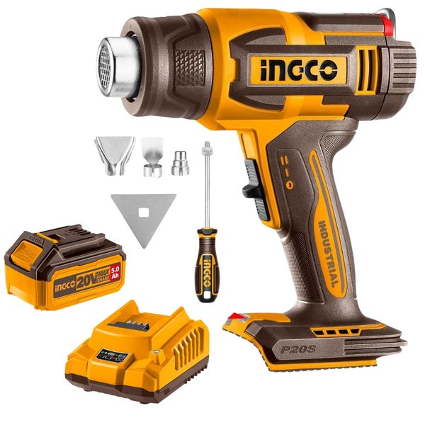 Ingco - Cordless Heat Gun with LCD Display with 5.0Ah Battery &amp; Charger