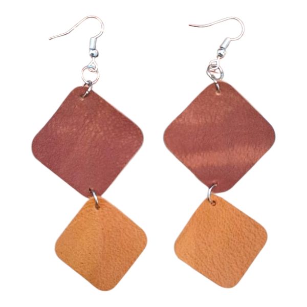 Gift Emporium - Terracotta &amp; Tan Double Diamond Leather Drop Earrings |