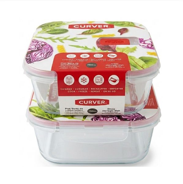 Curver Glass Food Storage Container Set with Vented Lids - 750ml &amp; 1.1L