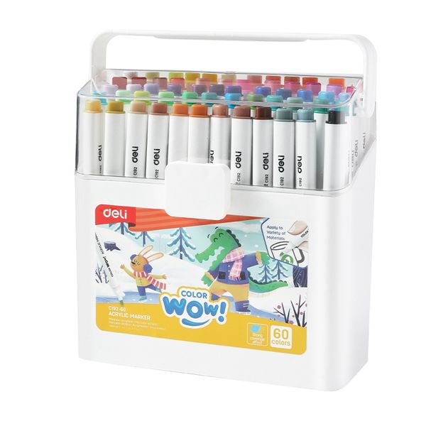 Deli Acrylic Marker Set 60 Colors, Fine Tip Paint Pens for Multimedia