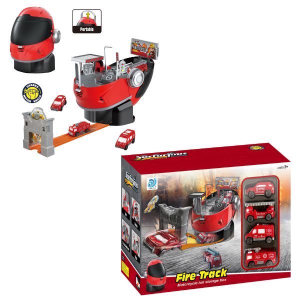 Portable Motorcycle Helmet Storage Box &amp; Stunt Track Playset - 3-in-1 Fun!