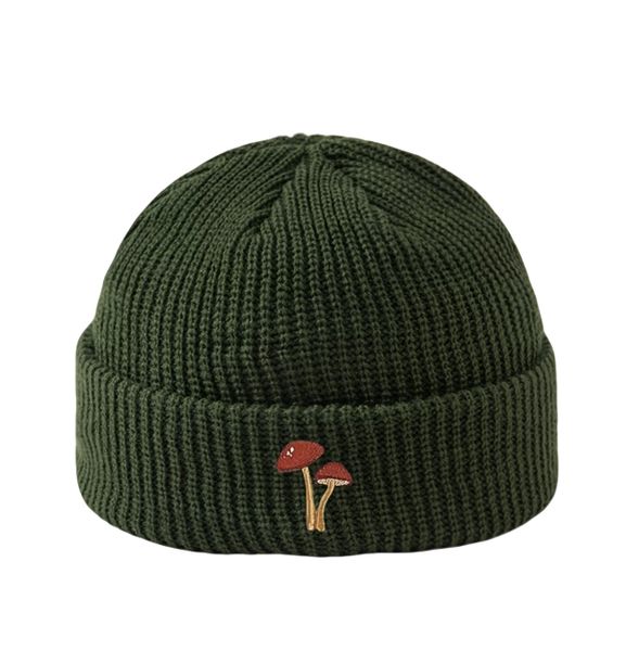 Men's Outdoor Knitted Beanie - Green Mushroom Embroidered Winter Hat