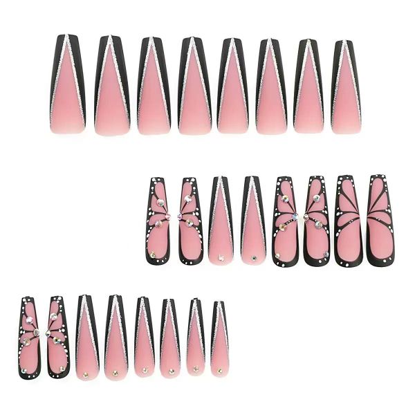 Press On Nails Square Black Butterfly Silver Crystal Fake Nails Full Cover