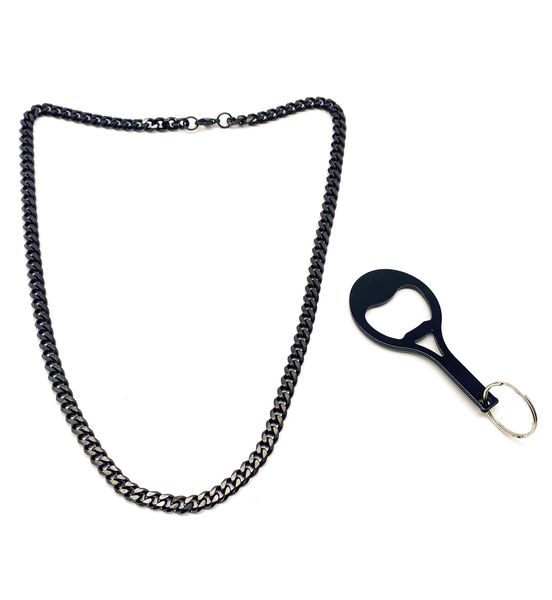 Fabulae Men's Black Steel Chain With Bonus Bottle Opener Key Chain - Matt