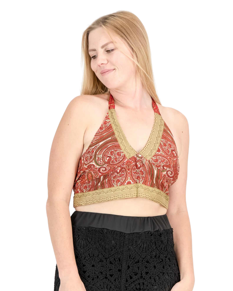SKA Viscose Tie VV Reversible Halter Crop Top - Red