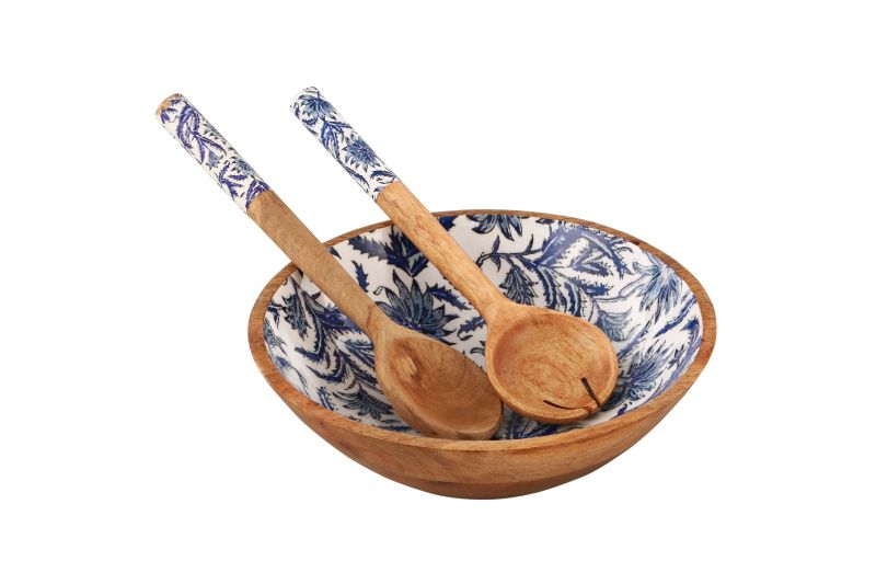 Wooden Decorative Bowl with Salad Server Set