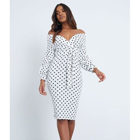 white polka dot off shoulder dress