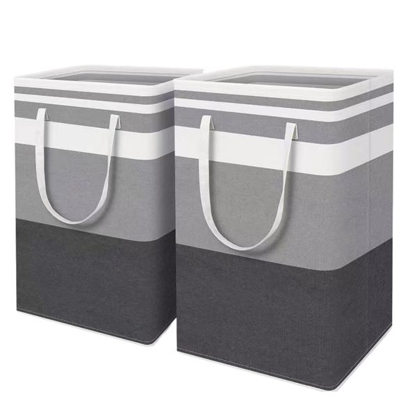 2 Packs Large 75L Waterproof Folding Laundry Basket, Striped Fabric