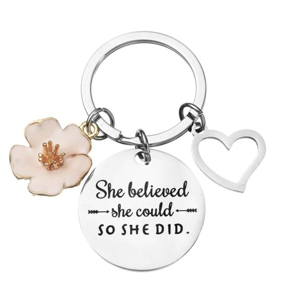 She Believed She Could - Gift Keychain with Flower &amp; Heart