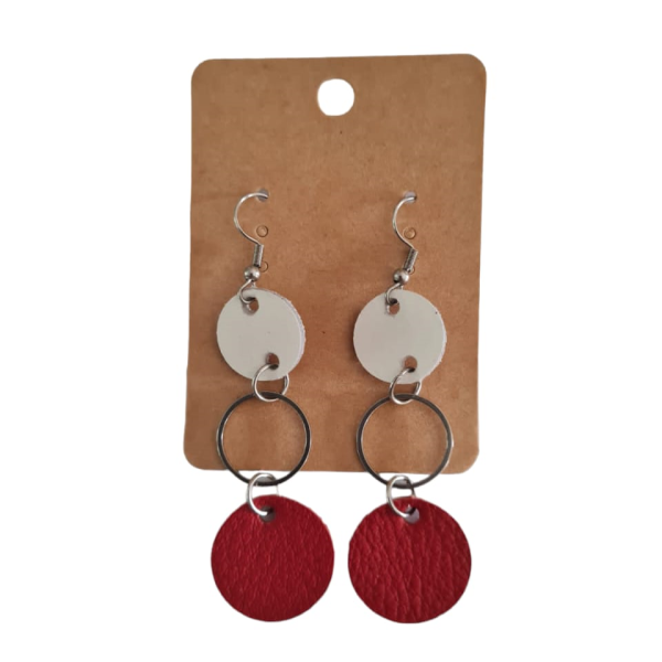 Stainless Stee &amp; Leather Earrings -White &amp; Red 3 Tier