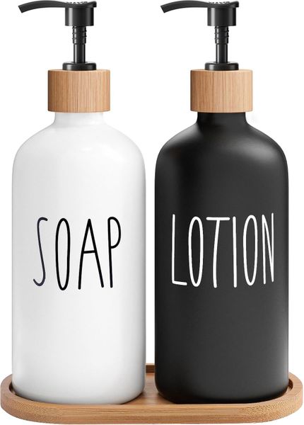 Set Of 2 Lotion Dispenser &amp; Soap Dispenser With Tray Holder