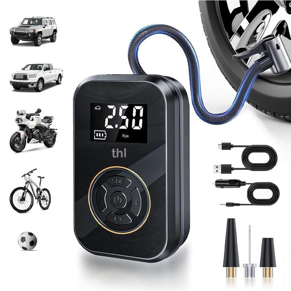 thl 4000mAh Portable Tire Inflator - 130PSI, Auto - Off, LED, for Car/Bike