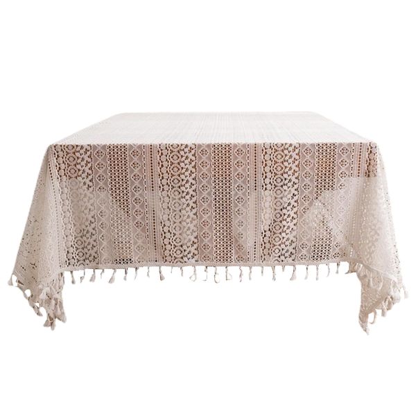 Decor Vintage-Style Lace Beige TableCloth With Tassels - 240cm