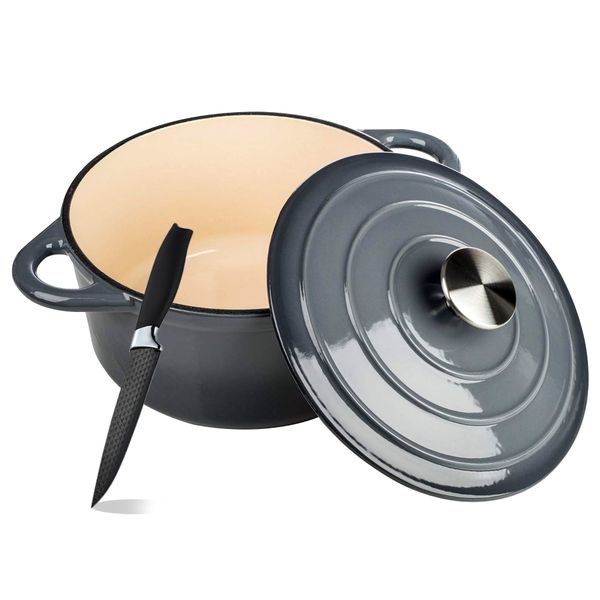 22cm - Enameled Round Dutch Oven Cast Iron Casserole pot with Kitchen Knife