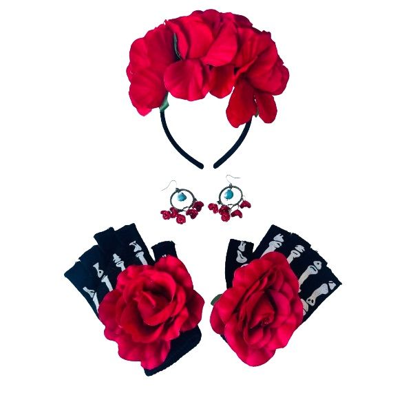 Halloween Day of the Dead Flower Alice Band - Earrings &amp; Gloves Set