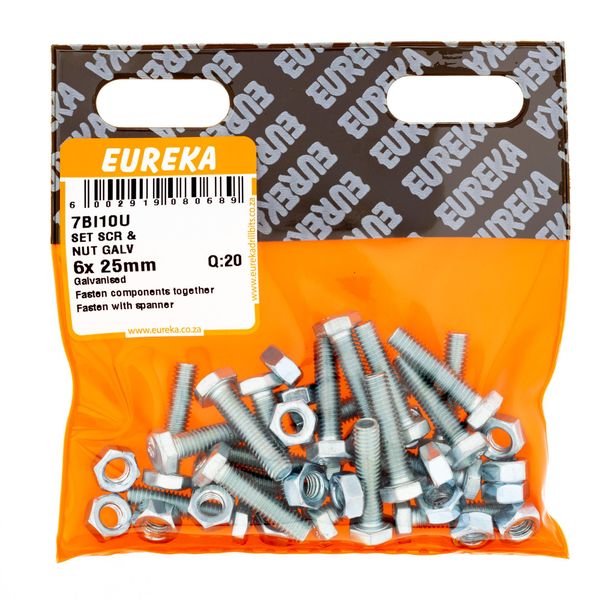EUREKA Set Screw &amp; Nut Galvanised 6 x 25mm Q:20 7BI10U