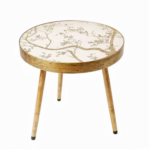 Vintage Gold Mirror Coffee Table with Plum Blossom Design and Wooden Legs