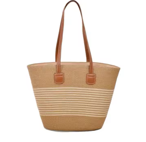 Stylish Woven Straw Tote Bag with Leather Handles - Summer Beach Ready