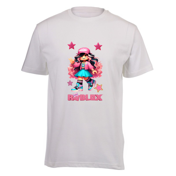 Kids White Cotton Regular Short Sleeve T-Shirt - Roblox Pink Girl