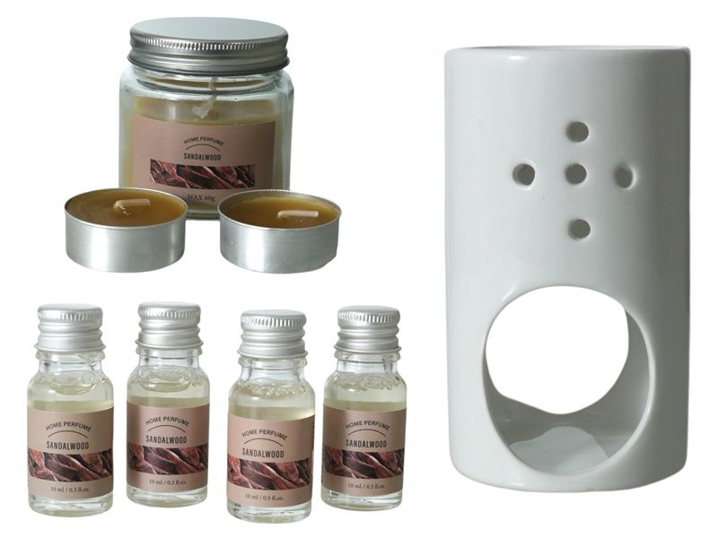 White Ceramic Oil Burner Including Sandalwood Oil 6 Piece Set