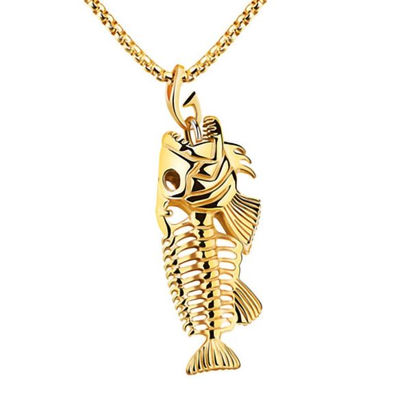 Men's Gold Fish Skeleton Necklace - NL-F005-GO