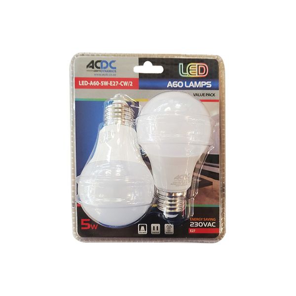 ACDC - 230VAC 5W Daylight A60 E27 LED Lamp 2 Pack