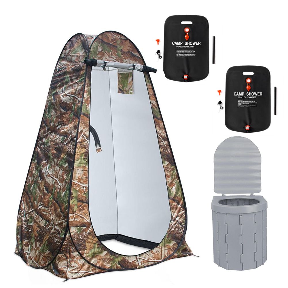 PopUp Camping Shower Tent With Toilet & 2 Sun Showers (150 x 150 x