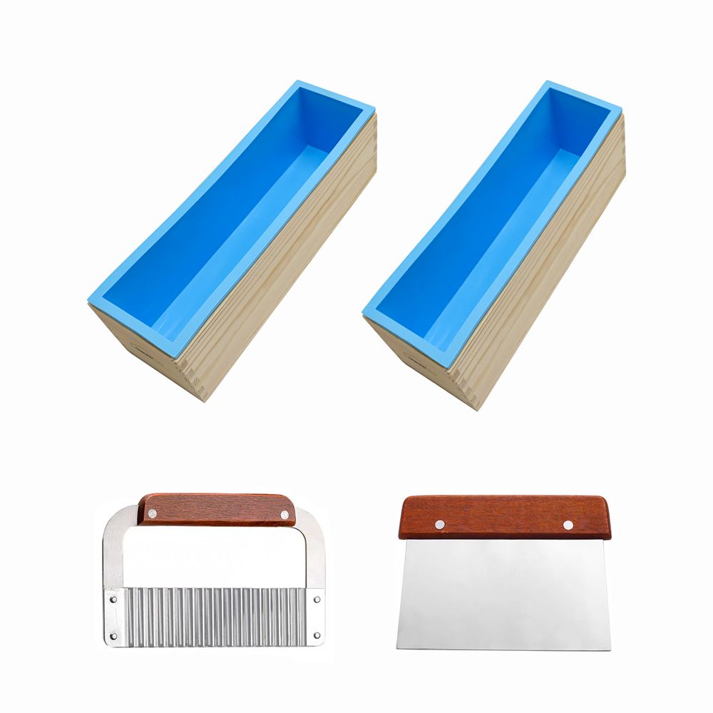 2 Piece Rectangular Silicone and Wood Soap Making Moulds and Soap