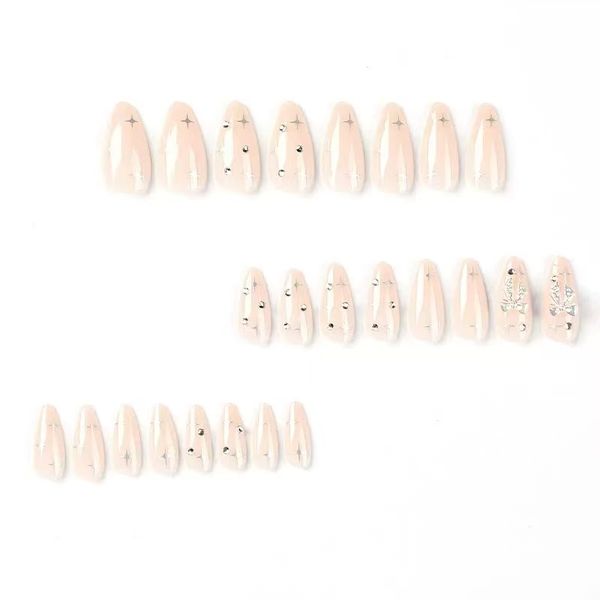 Almond Press On Nails, Nude With Crystal Rhinestones And Star Design