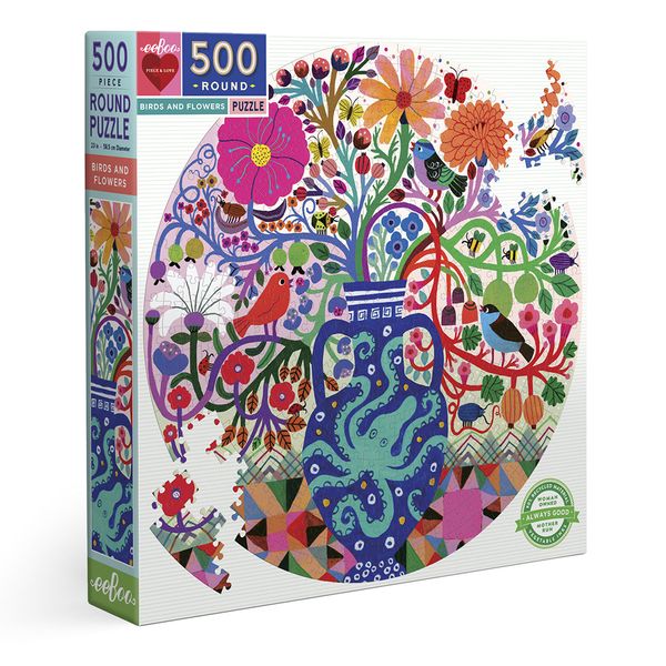 eeBoo Round Family Puzzle - Birds &amp; Flowers: 500 Pieces