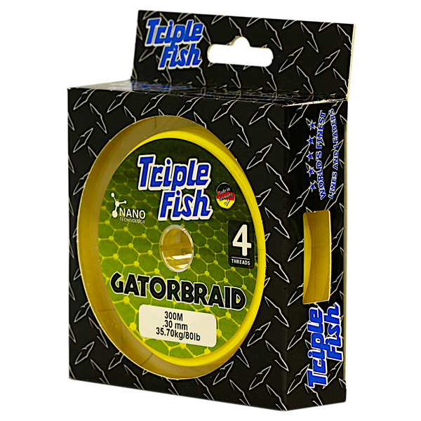 Triple Fish GATOR BRAID X4 Braided Fishing Line 35.7KG/80LB .30MM, Colour Yellow, 300M Spool