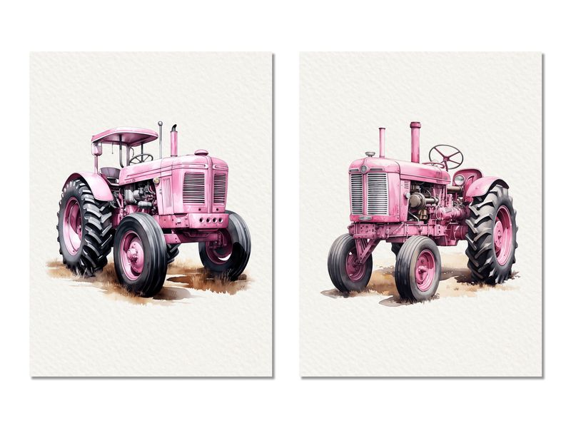 Kids Wall Art: Pink Tractors (Set of 2)