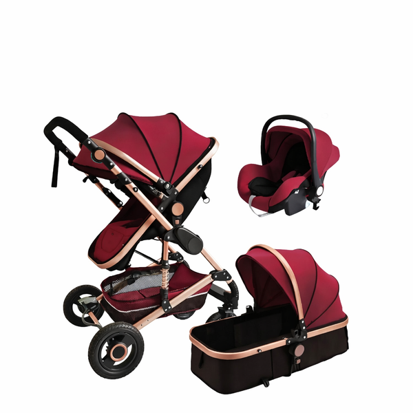 Luxury 3-in-1 Baby Stroller Travel System - Burgundy / Rose Gold