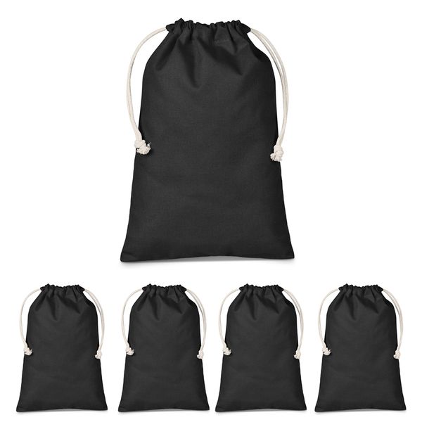 Black 18cm Natural Cotton Drawstring Bag (Pack of 5)