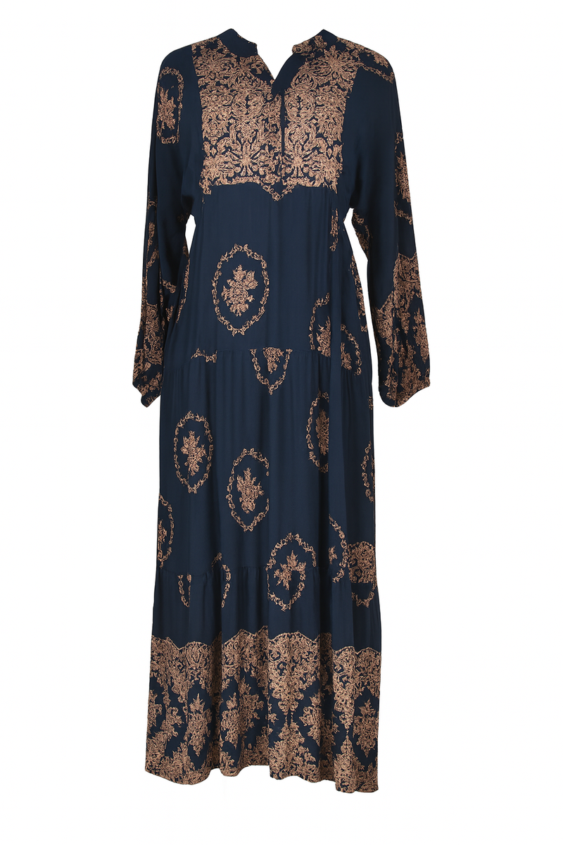 Navy Blue Cotton Abaya Dress with Traditional Golden Print by Amiiraa