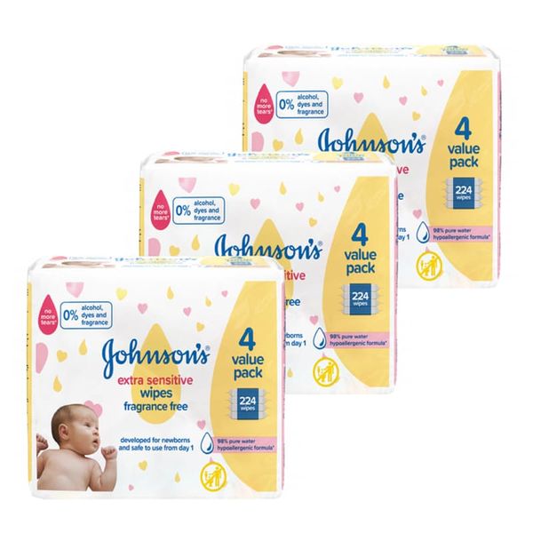 Johnson's Extra Sensitive Wipes Fragrance Free value pack- (3x 224's)