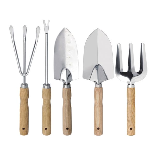 5 Piece Garden Tool Set Wood Handles Shovel Rake