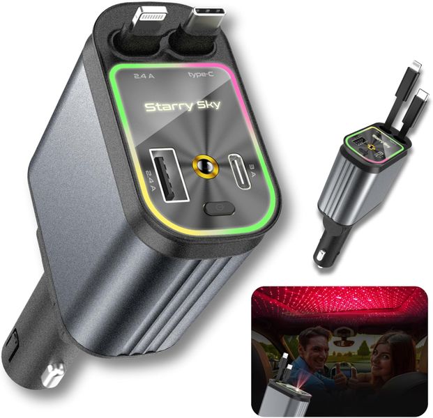 4-in-1 Retractable Car Charger - USB-C, Lightning, USB-A with Projector