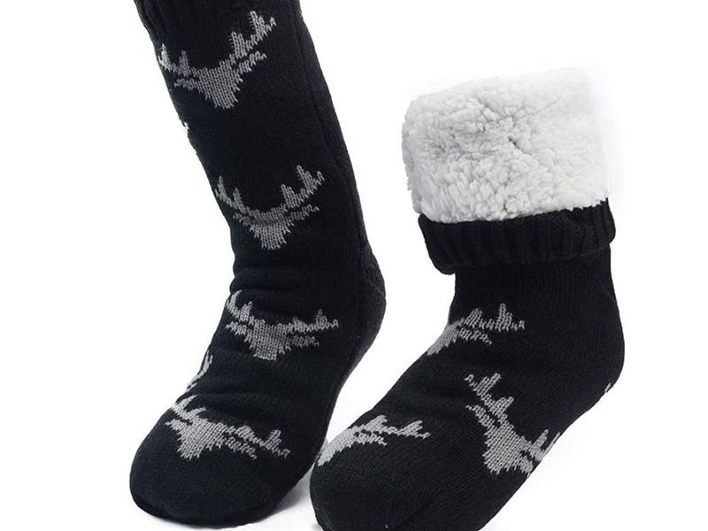 Men Winter Thermal Fleece Lining Knit Non Slip Socks Black &amp; Brown 2 Pack