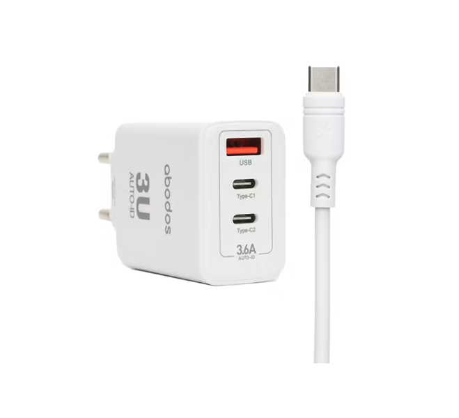 Abodos Smart Charger Adapter 20W Fast Charger-2 Type-C Output 1USB-A Output