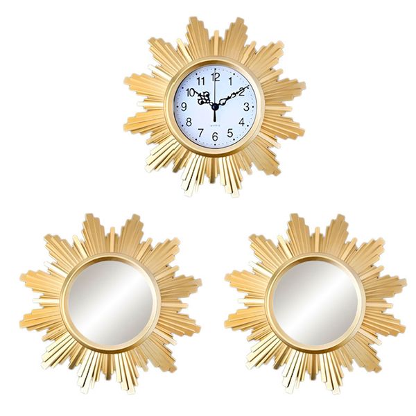 3-Piece Vintage Wall Clock and Mirror Set - Quartz Movement, Plastic Frame