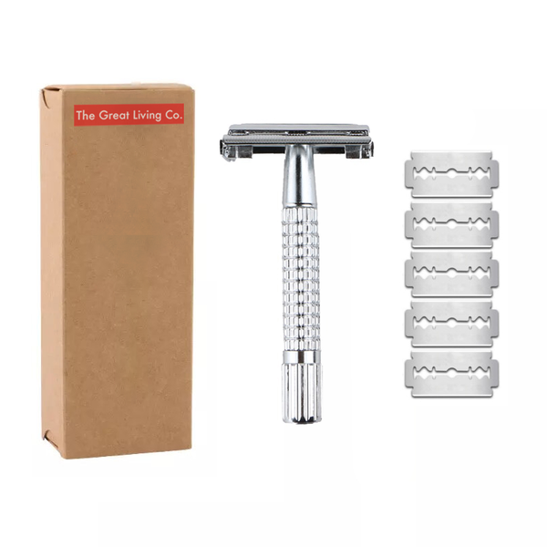 Butterfly Double Edge Shaving Razor &amp; 5 Blades-Twist to Open/Easy Assembly