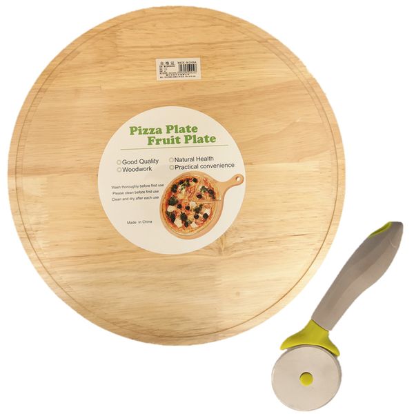 Wooden Pizza Plate - Round 12" (30.5cm) Pizza Board + Pizza Cutter
