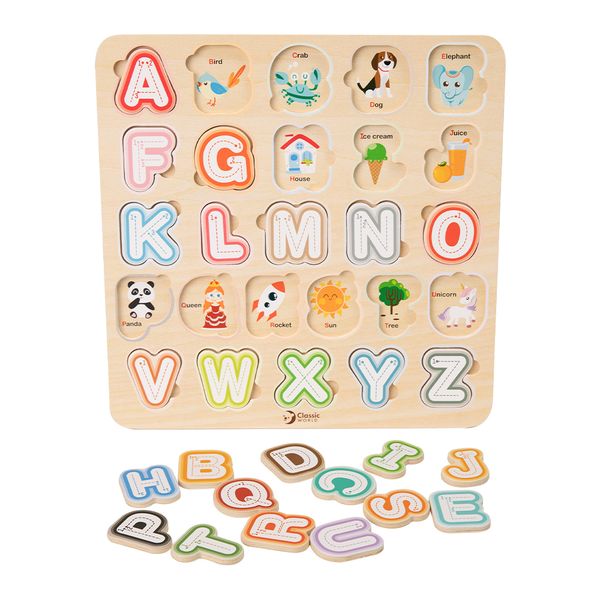 Classic World Alphabet, Letter Tracing &amp; Animal Wooden Puzzle: 26 Pieces