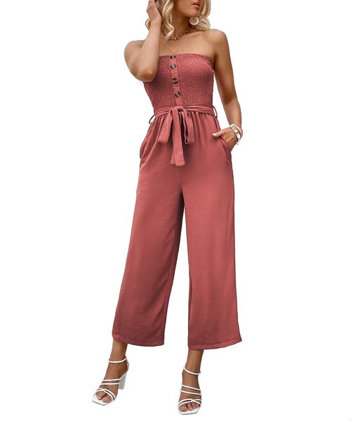 Women Strapless Tube Top Romper Casual Sleeveless Belted Wide Leg Jumpsuit