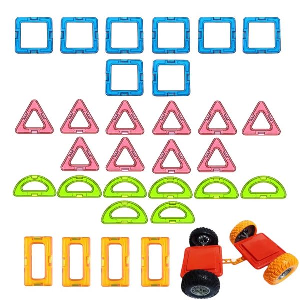 Educational Magnetic Building Tiles With Tractor Base - Multicolor-30 Piece