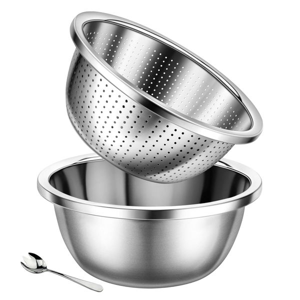 Set of 3 - Large Stainless Steel Colander Basin with Salad Spoon Combo Set