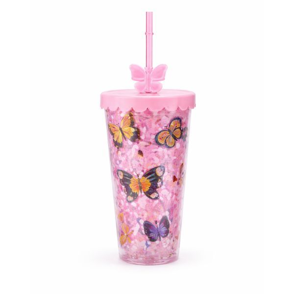 450ml Butterfly Glitter with Straw &amp; Secure Lid Pink Pack Of 2