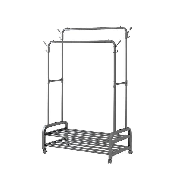 Heavy Duty Double Pole Mobile Garment Rack with Shoe Shelves - Black